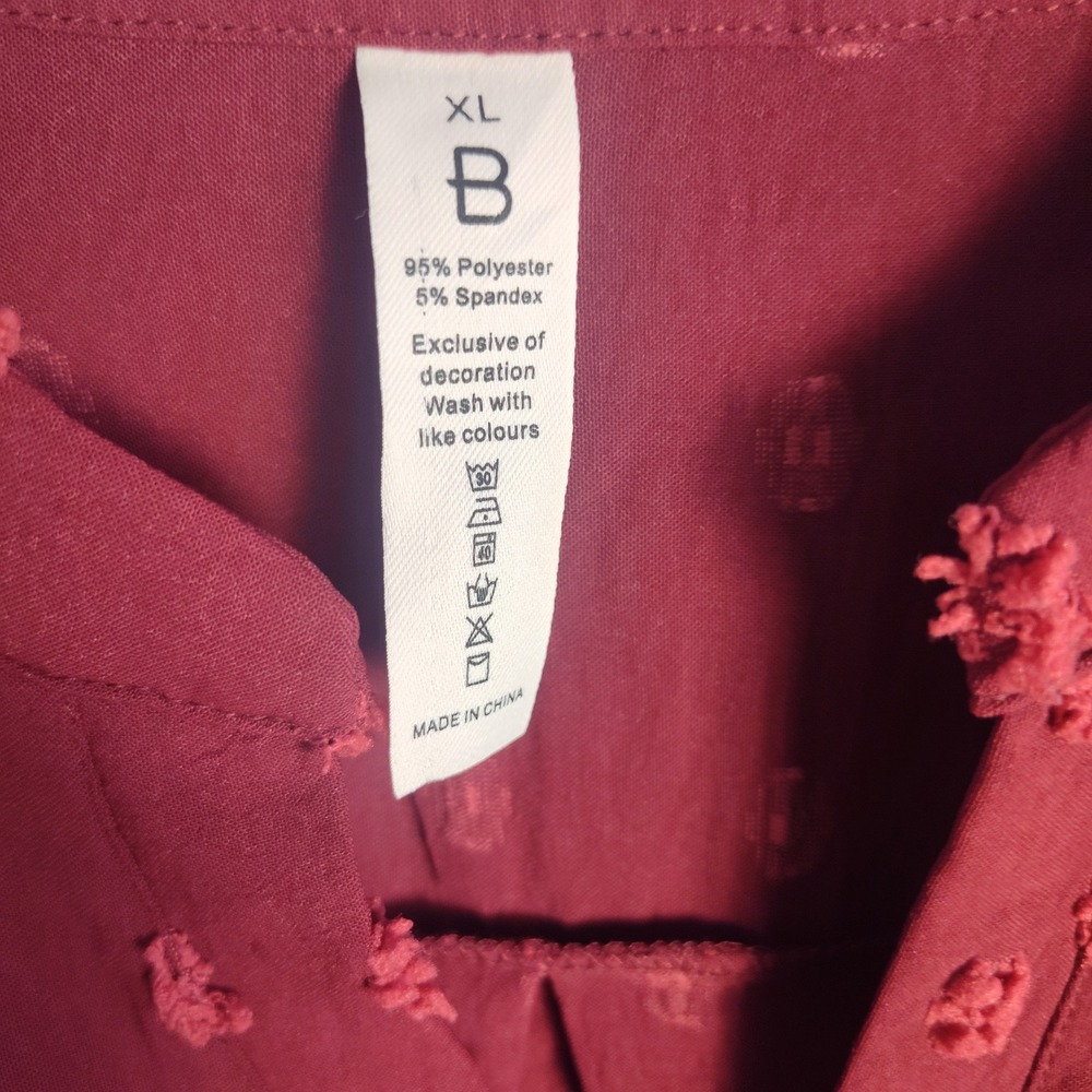 B Brand Womens XL Burgundy Swiss Dot Long Sleeve Smocked Cuff V-Neck Blouse Top - Picture 3 of 8